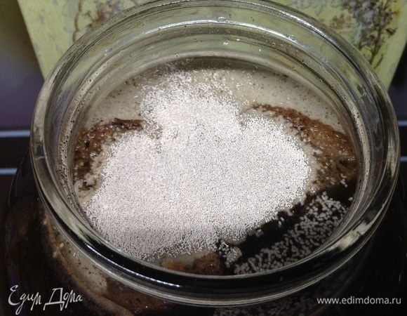 На верх выкладываем сухарики, предварительно пожаренных в духовке, из черного и из белого хлеба. На сухарики — дрожжи сухие высыпаем — 1–1,5 чайной ложки, аккуратно, чтобы они не утонули сразу, а так наверху и стали «оживать».