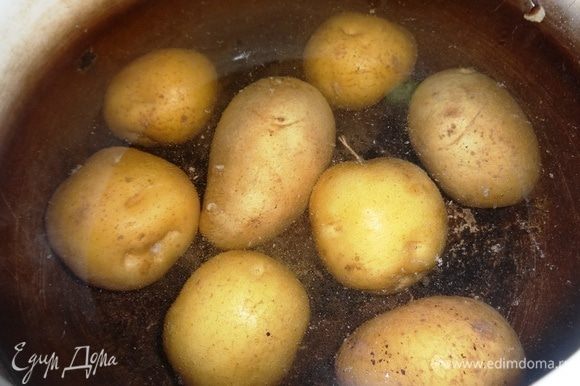 Картофель вымыть, не очищая, положить в горячую воду. Довести до кипения, посолить, убавить огонь и варить до готовности. Слить с картофеля воду, остудить.