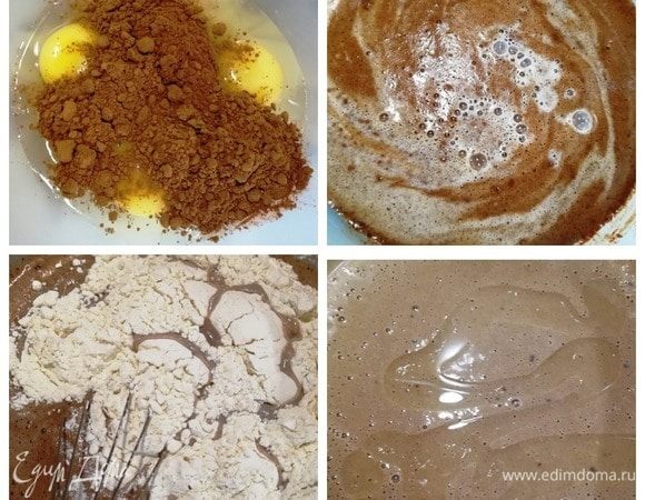 Я привожу свой вариант шоколадных блинов, вы можете приготовить их по своему рецепту. В миску разбиваем яйца, добавляем какао-порошок, сахар, соль. Перемешиваем. Вливаем молоко, всыпаем постепенно муку. В самом конце добавляем растительное масло. Перемешиваем, оставляем тесто на 20–30 минут.