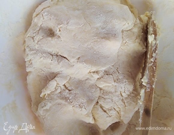 Тесто должно собраться в комок. Долго не месить, просто собрать все вместе.