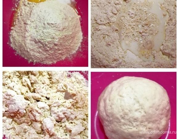 Начинаем с теста. В муку разбиваем яйцо, добавляем соль. Перемешиваем, вливаем молоко. Замешиваем довольно крутое тесто. Мне не понадобилось добавлять больше муки. Тесто получилось отличное. Убираем его в полиэтиленовый мешочек, пока занимаемся начинкой.