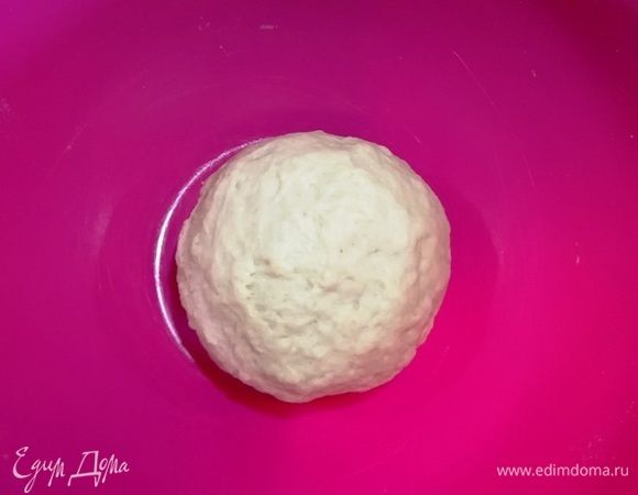 Тесто легко замешивается. Мягкое и не липнет к рукам. Долго вымешивать его не надо, только до однородности. У меня чаша с крышкой, закрываем ее или накрываем пищевой пленкой. Убираем в теплое место на 30–40 минут.