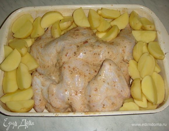 Картофель чистим, нарезаем дольками, солим и выкладываем вокруг курицы.