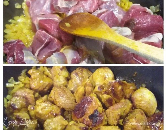 Выложить мясо и обжарить со всех сторон до золотистой корочки.