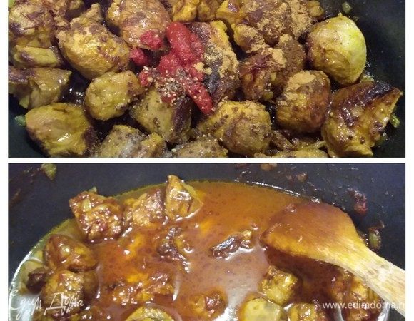 Когда мясо обжариться, всыпать корицу, соль и свежемолотый перец, заложить томат и шафрановые нити (если у вас шафран в другом виде, добавьте, какой есть), перемешать и обжарить в течение нескольких секунд. Добавить воду, довести до кипения, уменьшить огонь и тушить под крышкой около 1 часа.