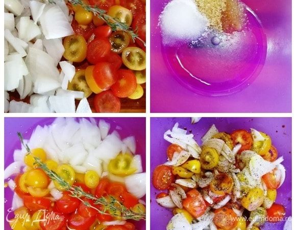 В это время нарезаем помидоры черри, репчатый лук. В отдельную емкость насыпаем 1 ч. л. коричневого сахара, 1/2 ч. л. соли и вливаем 0/5 ч. л. уксуса 6%, заливаем половиной стакана кипятка и выкладываем в маринад помидоры, лук и веточку тимьяна. Оставляем на 20 минут. Затем маринад сливаем, вынимаем тимьян, помидоры с луком перчим, пробуем на соль и заправляем 1 ч. л. бальзамического соуса.