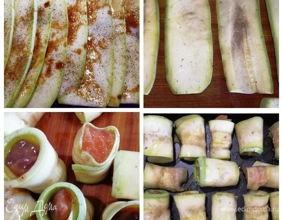 Кабачок нарезаем тонкими слайсами, поливаем соевым соусом, перчим. Оставляем на 5–7 минут. За это время кабачок обмякнет и легко скрутится в рулетики. Промакиваем кабачок бумажными полотенцами, на каждый ломтик выкладываем кусочек форели и скручиваем рулетиком. Рулетики выкладываем на противень и запекаем 15 минут при 200°C.