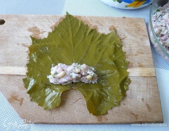 Положить на край листа немного фарша (1–2 ч. л.) и завернуть фарш в виноградные листья.