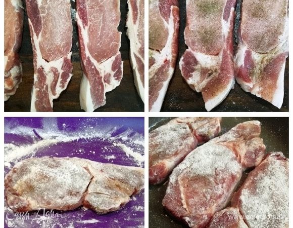 Свиную корейку нарезаем порционными кусками. Солим, перчим, панируем в крахмале. Раскаляем сковороду с небольшим количеством растительного масла. Обжариваем корейку буквально по 1 минуте с каждой стороны. Благодаря крахмалу и обжариванию все соки запечатаются в мясе.