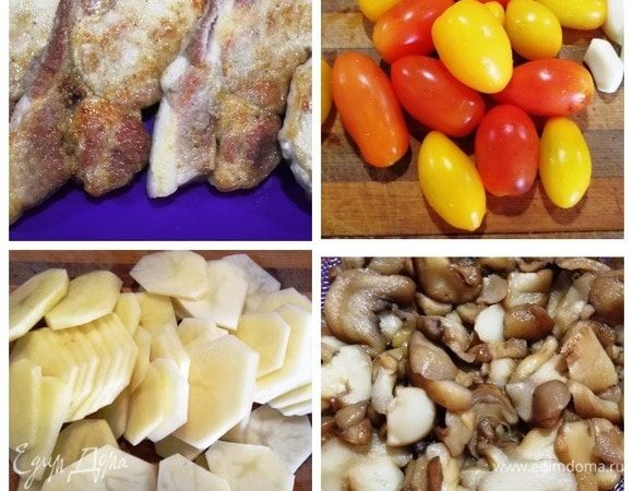 Вся корейка обжарена. Подготовим помидоры черри, чеснок, нарежем очень тонко картофель (2 для конвертиков, 1 для подачи), шампиньоны разморозим и отожмем от лишней жидкости.