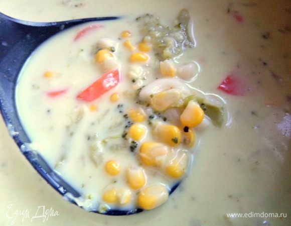 Теперь подача второго нашего обеда. Снова наливаем в тарелку супчик.