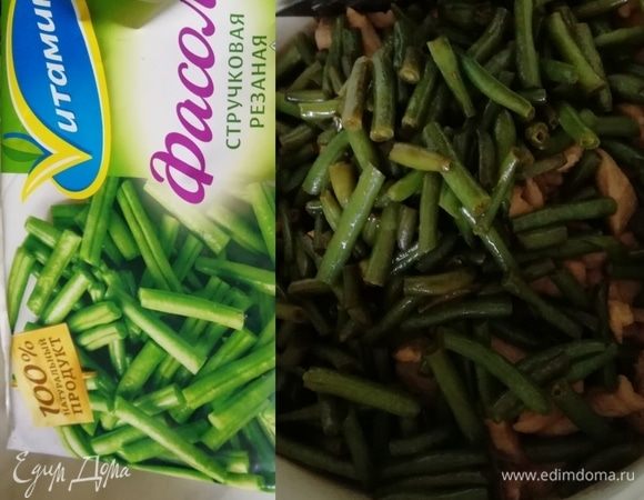 Выкладываем курицу из сковороды. На очереди стручковая фасоль. Ее я не размораживаю предварительно. Наливаем масло, высыпаем стручковую фасоль, приправляем соевым соусом, обжариваем. Обжаривать сильно не нужно, она должна быть сочной.