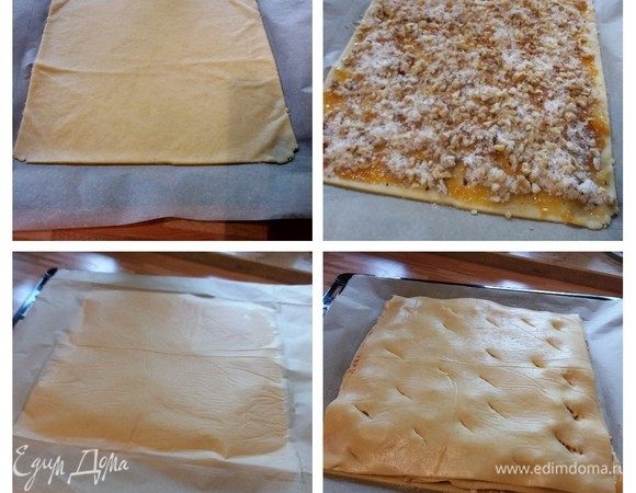 Выложить корж на противень, смазать абрикосовым джемом (мармеладом), посыпать смесью орехов с сахаром. Также поступить со всеми коржами. Выкладывать коржи удобно, если перевернуть пергамент коржом вниз и аккуратно его снять. Верхний корж ничем не смазывать и не посыпать, а только проколоть острым ножом по всей поверхности.