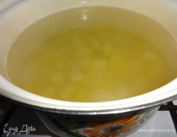 Воду вскипятить, положить картофель, дать вновь закипеть. Немного посолить, убавить огонь и варить до полуготовности.