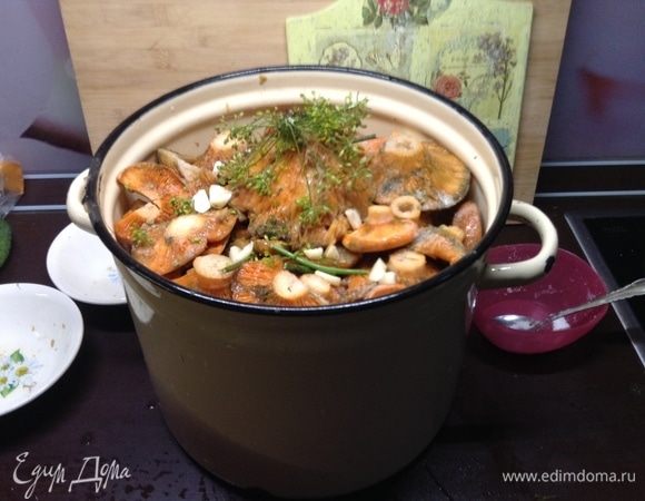 Когда кастрюля почти полная (нужно оставить место для выделяющегося после установки гнета сока), полюбуйтесь:)