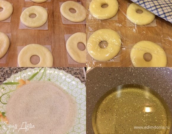 Заготовки пончиков накрыть и оставить в теплом месте на 30–40 минут. В миске смешать сахар и корицу для посыпки (сахар лучше брать мелкий). Спустя указанное время, в сотейник налить масло и хорошо подогреть.