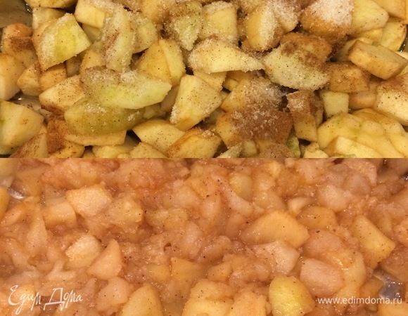 Яблоки очистить и нарезать. В сковороду с толстым дном положить яблоки, добавить сахар, корицу и немного воды. Перемешать и тушить до мягкости яблок. Затем снять с огня и остудить.