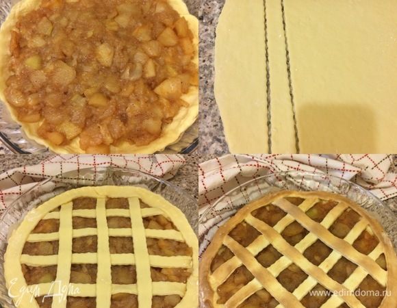 Большую часть теста раскатать и распределить по форме D=26, сверху выложить начинку и разровнять. Затем раскатать остальное тесто, вырезать полоски и украсить верх пирога. Выпекать пирог 30–35 минут. Готовый пирог слегка остудить и посыпать сахарной пудрой.