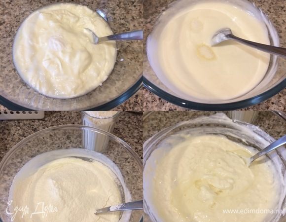 Тесто: в миске смешать простоквашу, сметану, соду и дать постоять 3–4 минутки. Добавить соль, сахар и еще раз перемешать. Затем добавить один стакан муки, перемешать, затем — 1 ст. л. масла и еще раз перемешать. Потом опять один стакан муки и 1 ст. л. масла и опять все хорошо перемешать.