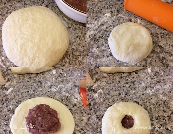 Достаем фарш из холодильника. Рабочую поверхность посыпаем мукой и начинаем лепить беляши. Отрезаем кусочек теста, раскатываем кусочек в лепешку, в середину кладем начинку и собираем края мешочком, оставив дырочку, и слегка прижимаем беляш рукой.