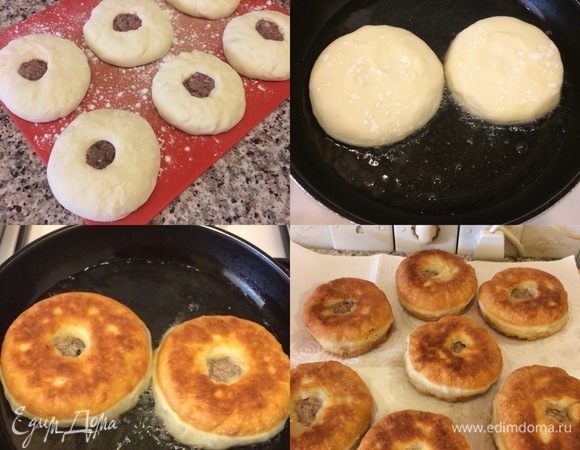 В сковороду с толстым дном наливаем масло, кладем беляши дырочкой вниз и жарим до готовности. Затем аккуратно переворачиваем и накрываем крышкой. Беляши будут готовы, когда внутри дырочки начнет кипеть мясной сок. Готовые беляши переложить на бумажную салфетку.