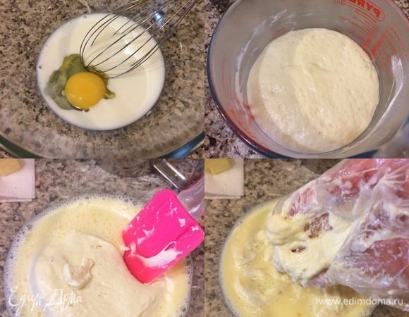 Тесто: в миске смешать молоко, яйцо, сахар, соль. Добавить опару и очень хорошо перемешать.