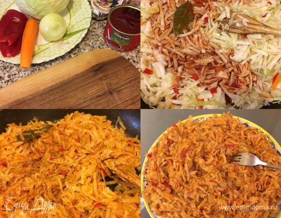 Начинка: лук, чеснок, морковь, болгарский перец потушить. Добавить капусту, перемешать и тушить 1–2 мин. В горячей воде развести томатную пасту, добавить сунели, перемешать и полить капусту. Все хорошо перемешать, добавить лавровый лист, накрыть крышкой и тушить 15 мин. В конце добавить сухую аджику, сванскую соль (по вкусу), перемешать, снять с огня и остудить.