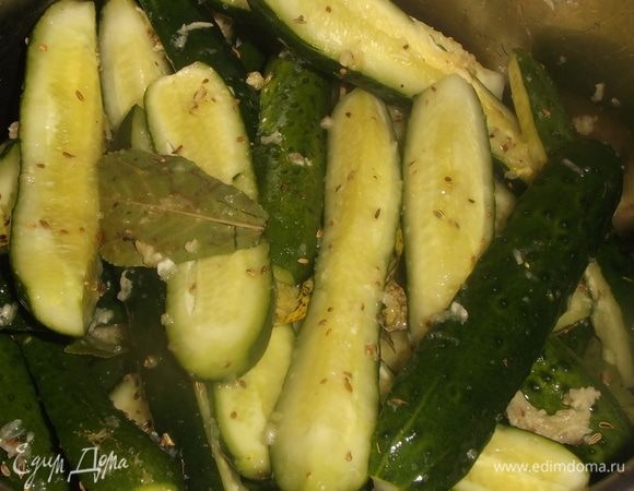 Аккуратно перемешать. Прижать тарелкой и накрыть кастрюлю крышкой. Убрать в холодильник на ночь.