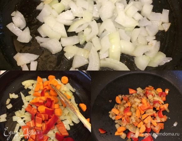 В сковороде разогреть 2 ст. л. масла, обжарить лук до золотистого цвета, потом добавить остальные овощи и тушить еще 3–4 мин. Затем переложить овощи в кастрюлю или сковороду с толстым дном и накрыть крышкой.