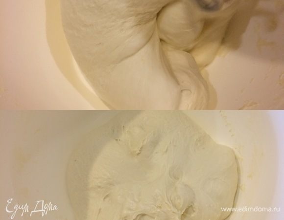 Спустя указанное время вымесить тесто миксером 8–10 минут.