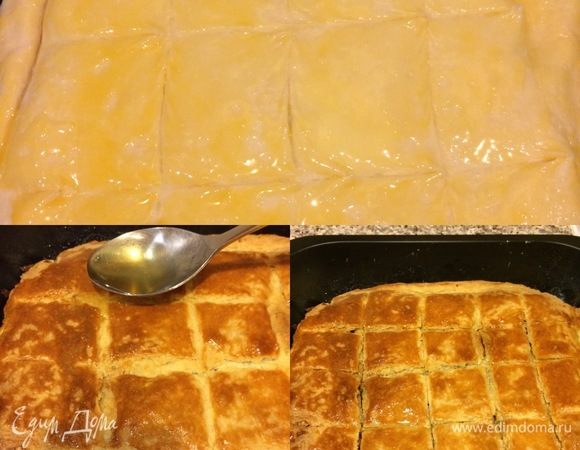 Желток смешать с молоком и смазать пахлаву. Затем мокрым острым ножом сделать надрезы до начинки! Выпекать 30–40 мин. Мед подогреть, достать готовую пахлаву и залить в надрезы мед, а остатками меда смазать верх.