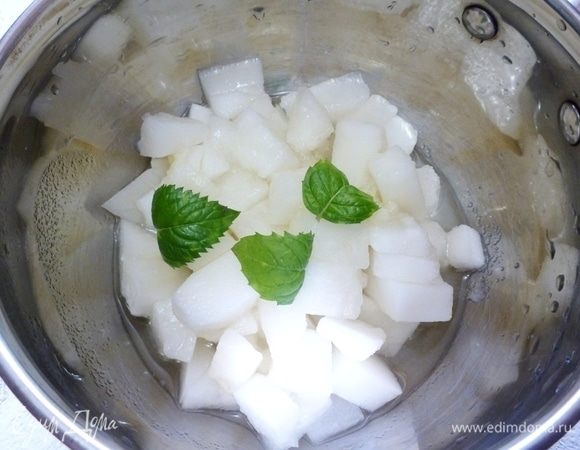 Поставить на огонь, довести до кипения, появится пена, ее нужно снять. Добавить мяту. Варить на среднем огне.