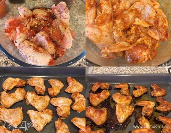 Добавить: соль, перец, чили, сальсу, паприку, масло, сахар и все очень хорошо перемешать. Затянуть миску пленкой и отправить в холодильник на 2 часа, но можно и на всю ночь оставить. Духовку нагреть до 190–200°C. Крылышки переложить на противень и запекать 30–40 мин.