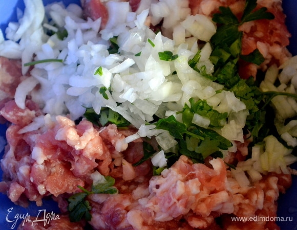 В фарш добавляем половину мелконарезанной петрушки и репчатого лука. Кладем белок, солим, перчим.