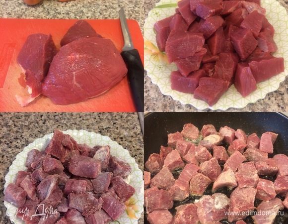 Мясо вымыть, обсушить бумажным полотенцем и нарезать. В миску положить мясо, посыпать солью, перцем, мукой и хорошо перемешать. В сковороде с толстым дном разогреть масло, добавить мясо и обжарить.