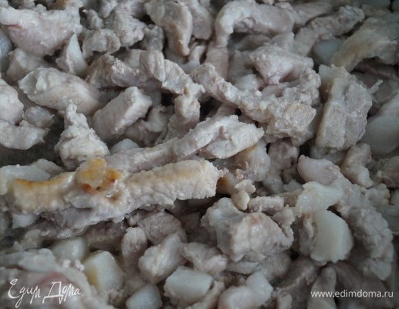 Обжарила на раскаленной сковороде с добавлением масла, пока мясо не приобрело румяный оттенок.