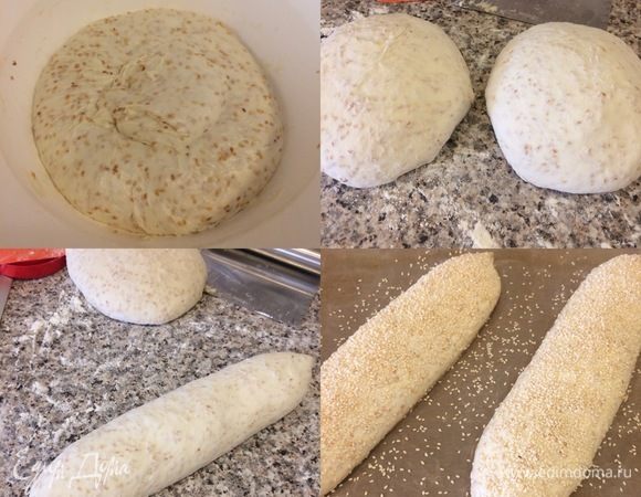 Спустя указанное время рабочую поверхность посыпать мукой, переложить тесто, разделить на две части, сформировать шары, накрыть и оставить на 10 минут. Затем сформировать продолговатые заготовки. Заготовки смазать яйцом и посыпать кунжутом.