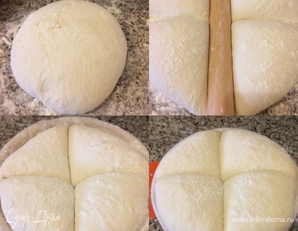 Накрыть и оставить на 7–10 минут. Спустя 10 минут шар хорошо посыпать мукой и узкой скалкой сделать глубокие углубления. Аккуратно переложить заготовку в корзинку узором вверх. Накрыть и оставить при комнатной температуре на 60 минут.
