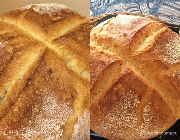 Автор рецепта выпекал хлеб на раскаленном поду, но так как у меня нет такой возможности, я решила печь свой хлеб в чугунке. Пока мое тесто отдыхало, я поставила чугунок в духовку и нагрела ее до 220°C. Спустя указанное время достала горячий чугунок, очень аккуратно переложила хлеб в чугунок, быстро накрыла крышкой и поставила в духовку. Выпекала под крышкой 20 минут, а затем сняла крышку и выпекала еще 40 минут.