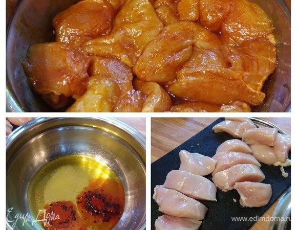 Мясо промыть, обсушить и нарезать на крупные кусочки. В миске смешать 2 ст. л. оливкового масла с солью, красной сладкой и копченой паприкой. Выложить филе в маринад и тщательно перемешать. Отставить в сторону.