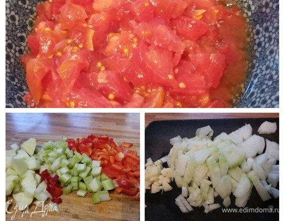 Мелко порубить лук и чеснок. Перец болгарский, чили по вкусу и сельдерей нарезать мелко. Яблоко очистить и также мелко нарезать. Помидоры я просто очистила от кожицы и нарезала (в оригинальном рецепте было 400 г пассаты и 400 г консервированных томатов в собственном соку). Но консервированные томаты можно смело оставить на зиму, а летом надо использовать зрелые сочные помидоры.