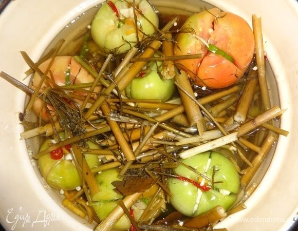 Залить помидоры рассолом. Сверху положить крышку от кастрюли или деревянную доску, а на них поставить груз, например, бутылки с водой. Держать помидоры 1–2 суток в тепле, а затем вынести в прохладное место. Через неделю помидоры будут готовы. Хранить такие помидоры в холодном месте.