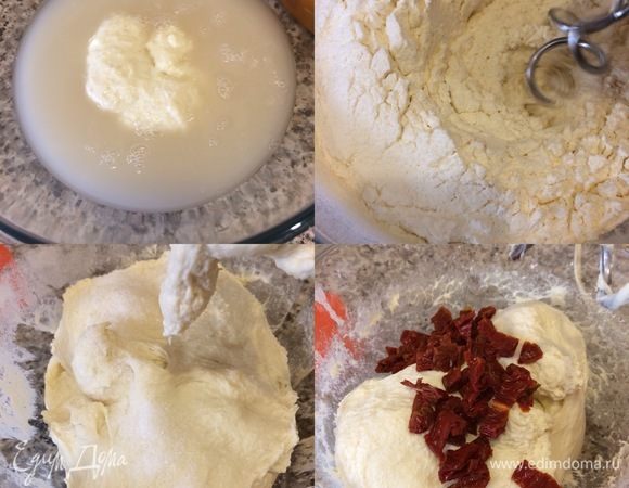 Итак, в миску налить воду, добавить дрожжи и растворить. Потом добавить 125 г опары и хорошо перемешать миксером. Затем просеять муку и начать вымешивать тесто миксером 8–10 минут. Спустя 8–10 минут добавить соль и вымешивать еще 4 минуты. В конце замеса добавить нарезанные помидоры и перемешать тесто на низкой скорости (1–2 минуты).