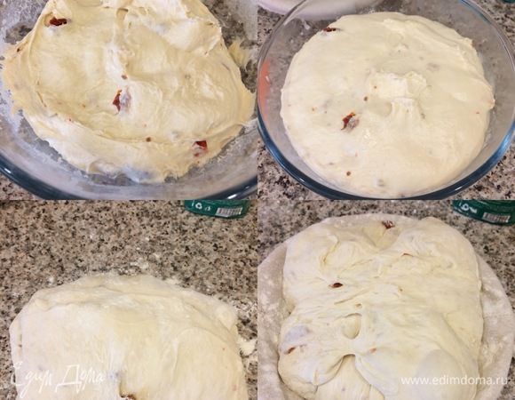 Миску с тестом накрыть и оставить при комнатной температуре на 90 минут. Спустя указанное время рабочую поверхность посыпать мукой, переложить тесто. Сформировать буханку и переложить в корзинку для расстойки швом вверх. Накрыть и оставить на 45 минут. В это время поставить чугунок в духовку и нагреть до 250°C.