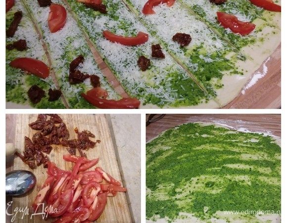 Для зеленого соуса выложить все ингредиенты в блендер и взбить до консистенции пасты-эмульсии. Готовое тесто обмять и на посыпанной мукой поверхности раскатать в прямоугольник. Смазать зеленым соусом, посыпать натертым сыром, нарезать на полоски приблизительно одинаковой ширины. Помидорки черри (у меня обычные помидоры и немного вяленых томатов) нарезать и выложить на тесто. Небольшое количество сыра оставить для финальной посыпки.