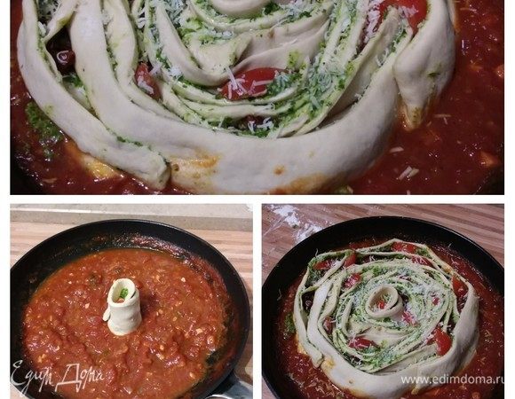 Полоску теста скатать в спираль, не очень плотно, чтобы тесту хватило места на подход, и поместить в соус в середину формы. Так же поступить с остальными полосками теста, обернув их по спирали вокруг первого круга. Если помидорки будут выпадать, поместите их обратно между слоев теста. Пиццу накрыть и оставить в теплом месте на отдых еще на 30 минут.