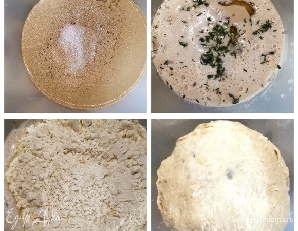 В теплой воде с добавлением сахара разводим дрожжи. Оставляем на 10 минут. Перемешиваем, добавляем соль, тимьян, оливковое масло. Всыпаем муку, замешиваем тесто. Оставляем для подъема на 30–40 минут.