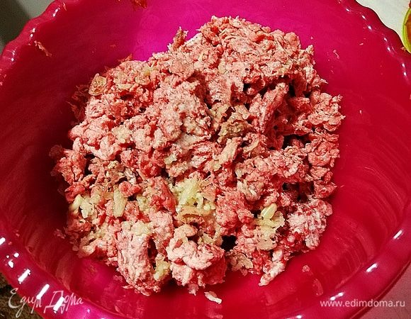 К полученному фаршу добавляем соль, специи, выдавливаем чеснок и хорошо перемешиваем.