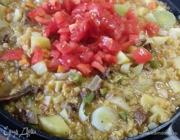 Выложить помидоры, предварительно их измельчив. Если у вас свежие, то нужно снять с них кожицу и мелко нарезать. Тушить еще минут 10.