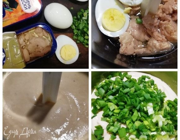 В процессоре смешиваем печень трески с маслом из одной баночки и вареными яйцами. Получится нежный воздушный мусс. Добавляем к муссу нарезанный репчатый лук и перемешиваем. Начинка готова.